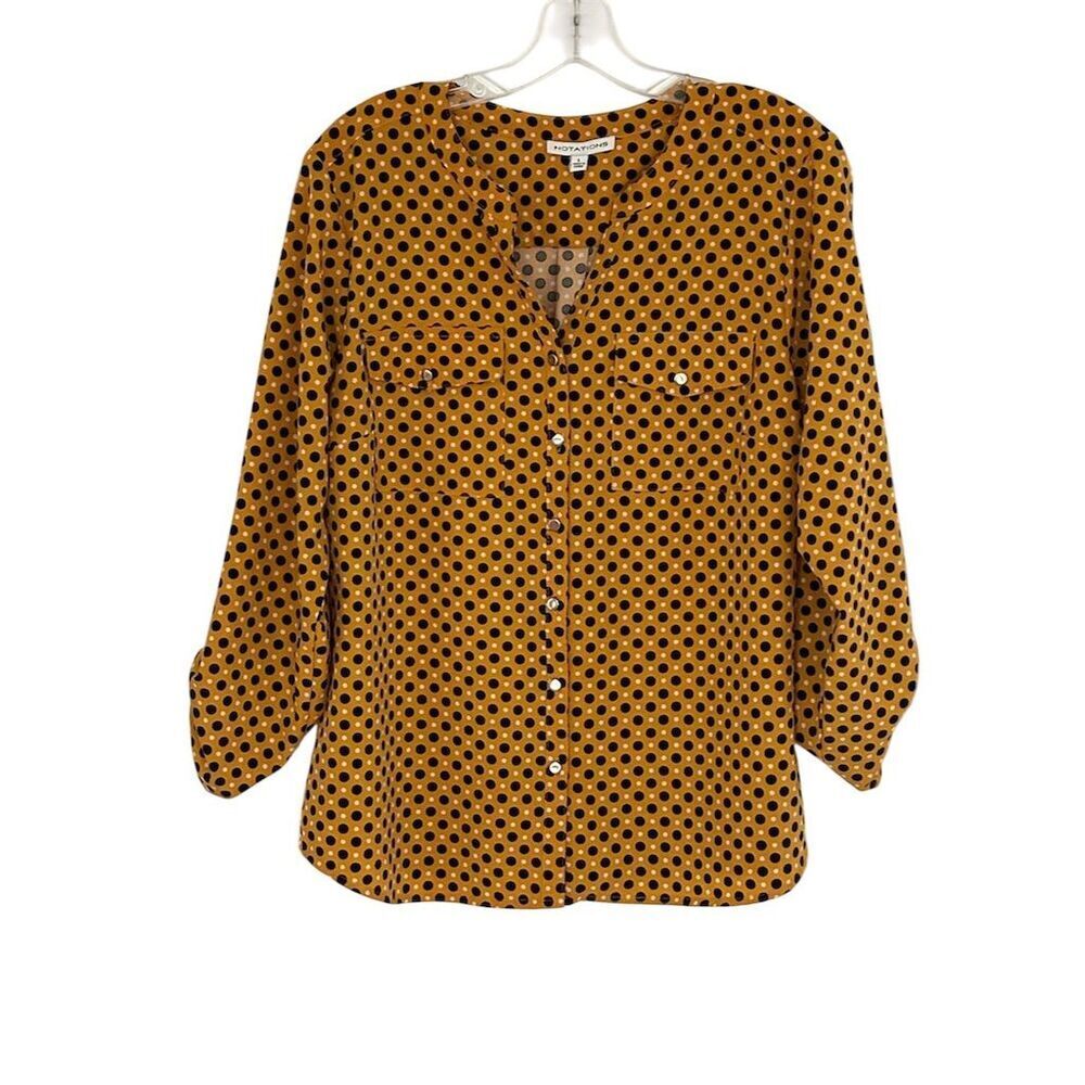 Notations Women's Yellow Polka Dot 3/4 Sleeve V-Neck Blouse Size L